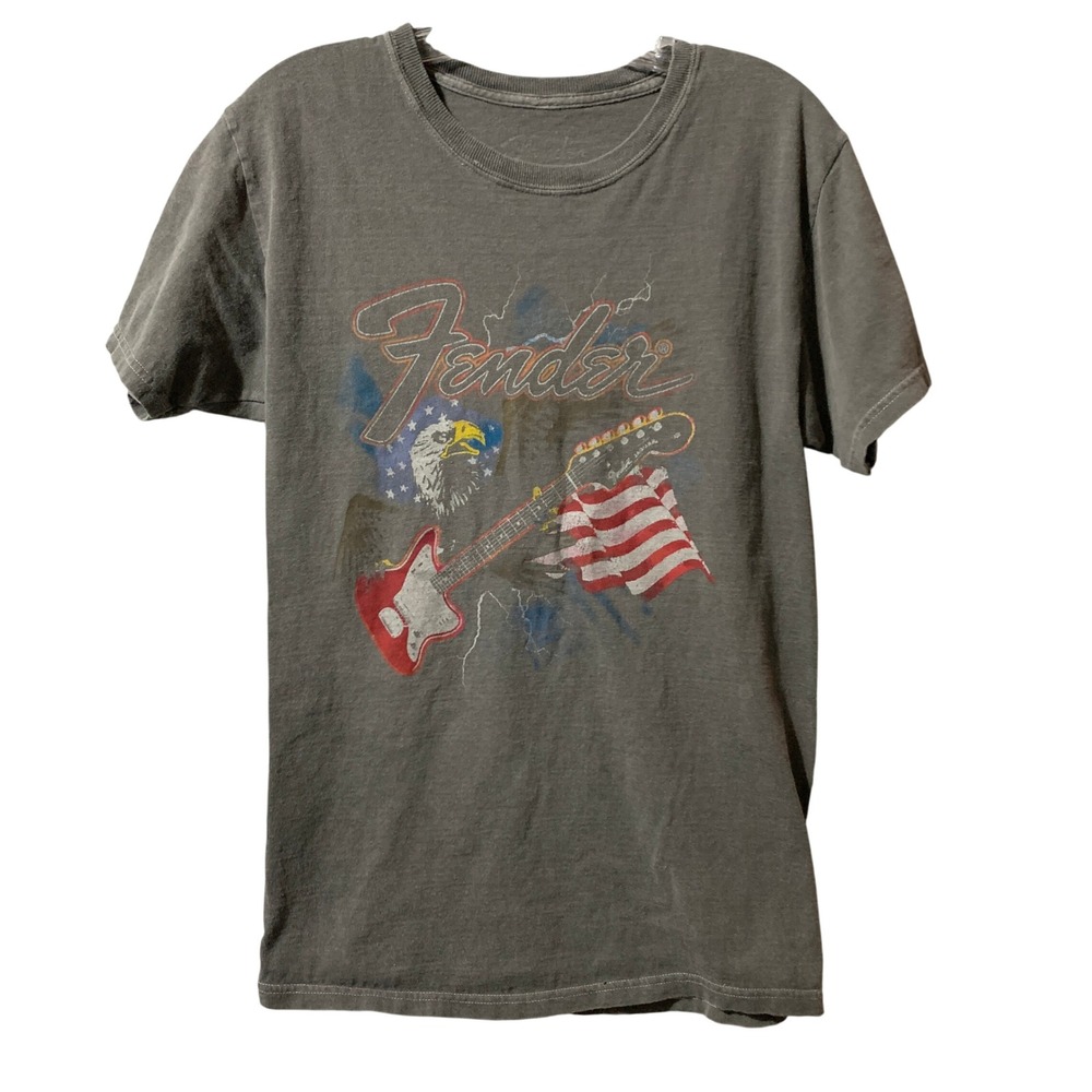 Fender Mens Graphic T Shirt‎ Small Eagle Guitar American Flag Gray Short Sleeve